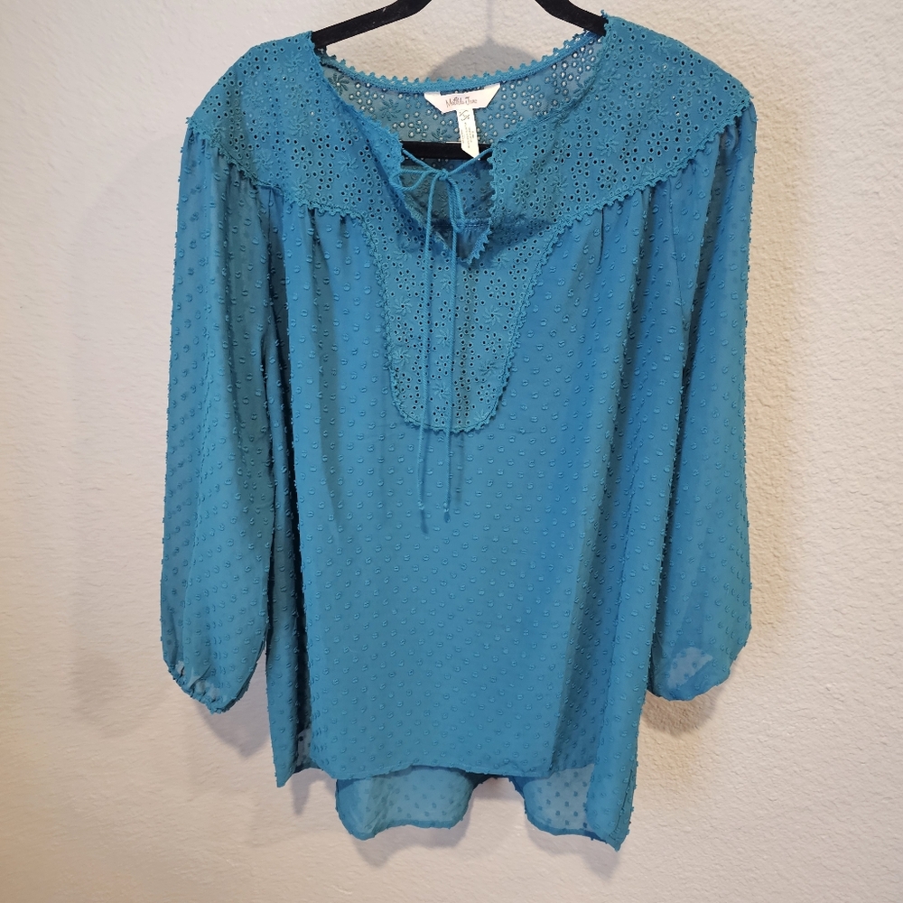 Matilda Jane Turquoise Sheer Eyelet Embroidered Swiss Dot Long Sleeve Blouse L